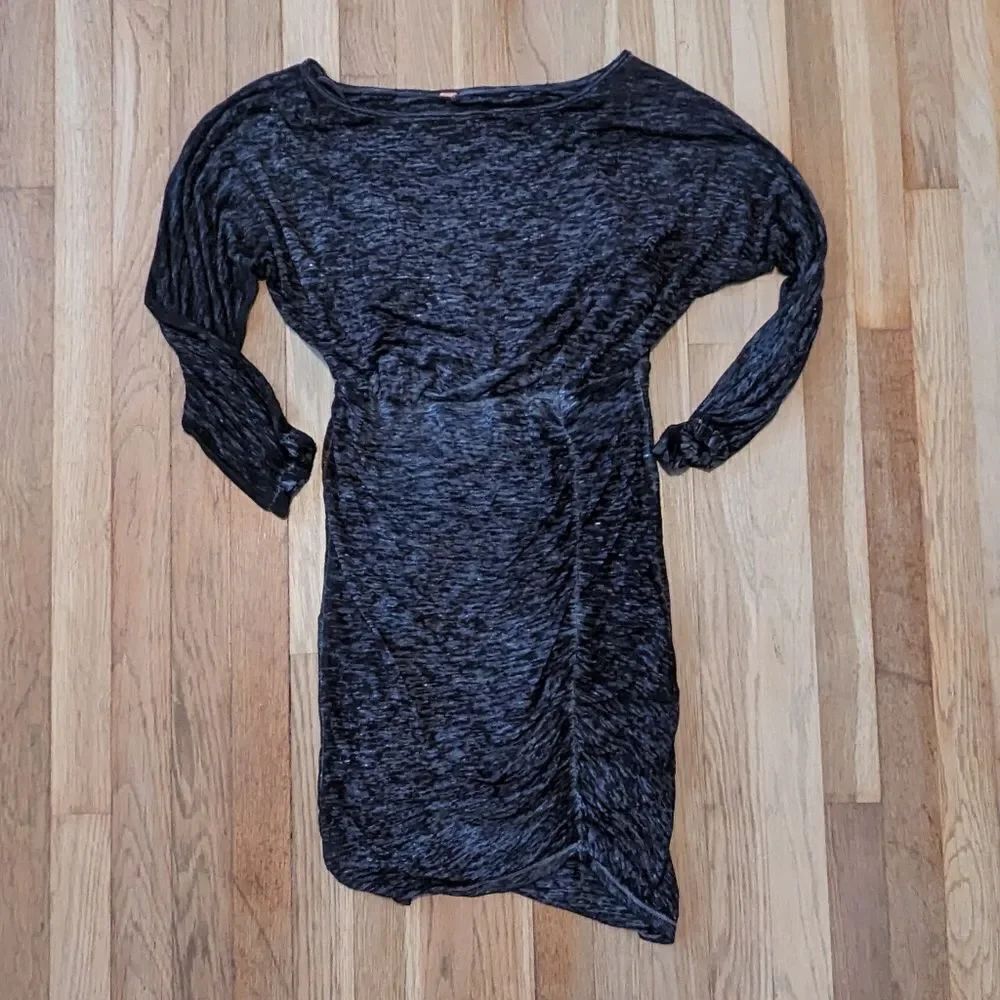 Free People Black Grey burnout bodycon long sleeve ruched dress - Picture 3 of 4